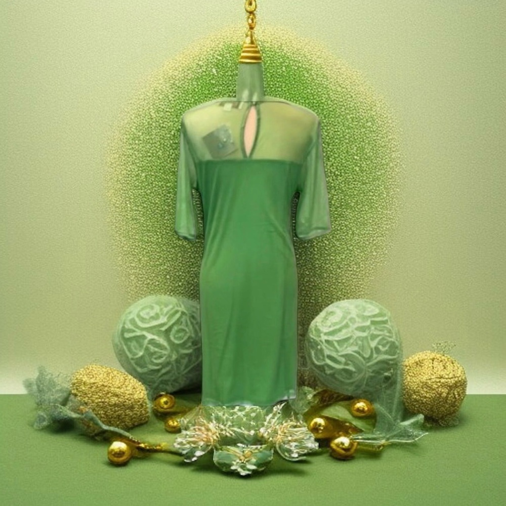 Badgley Mischka Green Sheer Lace Tiered Sequins Cocktail Dress LARGE NWT $145 - Picture 14 of 16